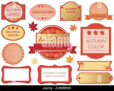Set di etichette in colori autunnali isolate su sfondo bianco, illustrazione vettoriale. Illustrazione Vettoriale