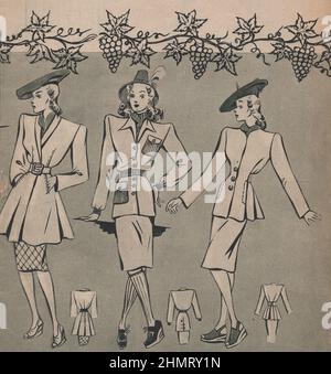 guerra mondiale ii, pubblicizza, storico, disegno grafico, illustrazione, ephemra, rivista di moda 1940s, abbigliamento, pubblicazione, 1940s, 1943 rivista, 20th century, archivio, arte, design, grafica, patrimonio, storia, l ayout, nostalgia, vestiti, signore, signora, periodico, stile, magazie di stile, pubblicità, annunci, pubblicità, pubblicità, pubblicità, cappotto, camici, femmina, femmina, indumento, pubblicato, tipografia, cucina, guerra, cibo di guerra, monocromatico, stampa, stampato, europa, europeo, lavorazione a maglia, medicazione, motivi. ULTERIORI-DIRITTI-SPAZIO-INFORMAZIONI-NON-DISPONIBILI Foto Stock