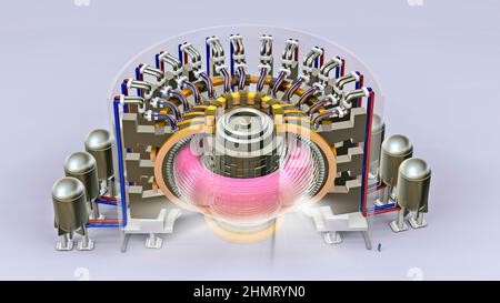 Reattore di fusione nucleare, energia prodotta grazie alla fusione di atomi, il processo che alimenta la produzione solare di plasma Foto Stock