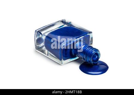 bottiglia di smalto per unghie blu isolata su bianco Foto Stock
