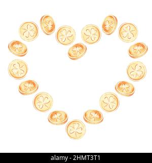 Un cuore fatto di monete d'oro. Giorno di San Patrizio. Illustrazione dell'acquerello. Isolato su sfondo bianco. Per il tuo design. Foto Stock