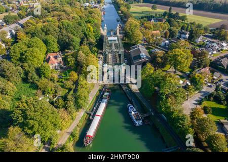 Vista aerea Henrichenburg, canale Reno-Herne, Castrop-Rauxel, zona della Ruhr, Renania settentrionale-Vestfalia, Germania Foto Stock