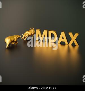 Concetto di indice azionario MDAX. Un toro e un orso oltre al testo dorato MDAX (indice azionario tedesco chiamato 'mid Cap DAX'). Foto Stock