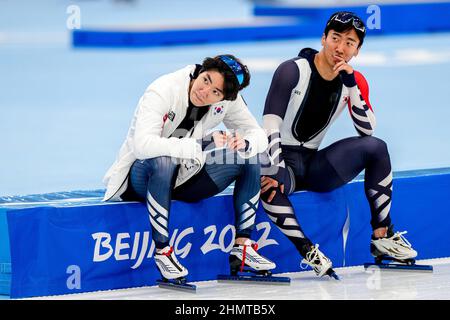 PECHINO, CINA - FEBBRAIO 12: Min Kyu Cha della Corea del Sud in competizione tra gli uomini 500m durante i Giochi Olimpici di Pechino 2022 al National Speed Skating Oval il 12 febbraio 2022 a Pechino, Cina (Foto di Douwe Bijlsma/Orange Pictures) NOCNSF Foto Stock