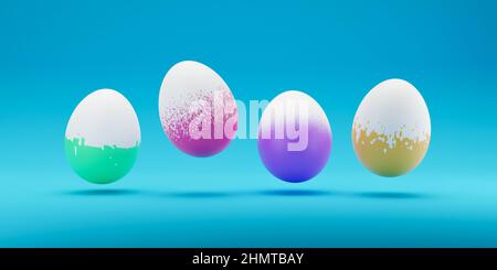 3D riproduzione di levitazione caduta uova di pasqua con pattern diverso su sfondo blu. Uova di Pasqua colorate su sfondo blu pastello. Des creativi Foto Stock
