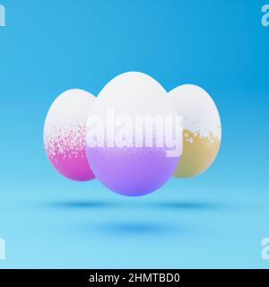 3D riproduzione di levitazione caduta uova di pasqua con pattern diverso su sfondo blu. Uova di Pasqua colorate su sfondo blu pastello. Des creativi Foto Stock