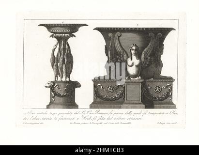 Due tazze romane antiche o tazza di proprietà dell'artista Giovanni Battista Piranesi. Una con le teste di oche e ariete trasportata ad Olan, l'altra con sfingi rinvenute in frammenti a Tivoli e restaurate. Incisione copperplate di Pietro Ruga dopo un'illustrazione di Lorenzo Rocceggiani da 100 tavole di costumi religiosi, civili e militari degli antichi Egiziani, Etruschi, Greci e Romani, Franzetti, Roma, 1802. Foto Stock