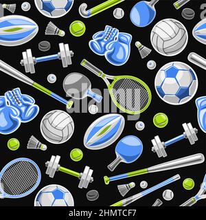 Vector Sports Seamless Pattern, sfondo quadrato ripetitivo con illustrazioni ritagliate di vari outfit sportivi estivi, guanti da boxe in pelle blu, tenni Illustrazione Vettoriale