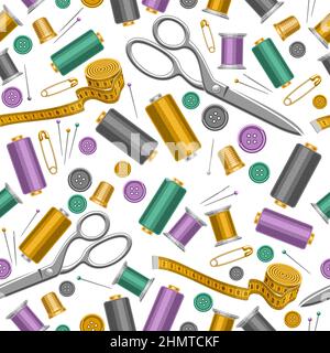 Vector Sewing Seamless Pattern, sfondo decorativo a ripetizione cucito per la carta da imballaggio, poster con illustrazioni ritagliate di molti oggetti da cucire piatti Illustrazione Vettoriale