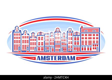 Illustrazione vettoriale di Amsterdam, etichetta orizzontale con disegno lineare paesaggio urbano europeo di amsterdam su sfondo cielo di giorno, linea urbana storica arte c Illustrazione Vettoriale
