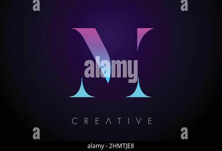 Design con logo in neon M Letter viola blu con stile minimalista e vettore carattere Serif. Illustrazione vettoriale sfumatura M Letter in blu viola. Illustrazione Vettoriale