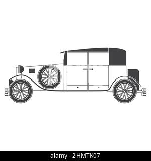 Design grafico monocromatico di un'auto retrò americana. Illustrazione vettoriale. Illustrazione Vettoriale
