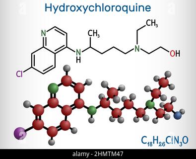 Molecola di idrossiclorochina. È farmaco antimalarico usato per trattare la malaria, COVID-19, artrite reumatoide, lupus eritematoso. Chem. Strutturale Illustrazione Vettoriale