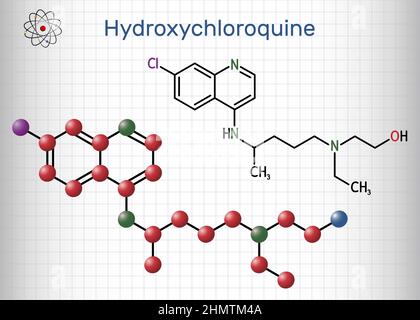 Molecola di idrossiclorochina. È farmaco antimalarico usato per trattare la malaria, COVID-19, artrite reumatoide, lupus eritematoso. Chem. Strutturale Illustrazione Vettoriale