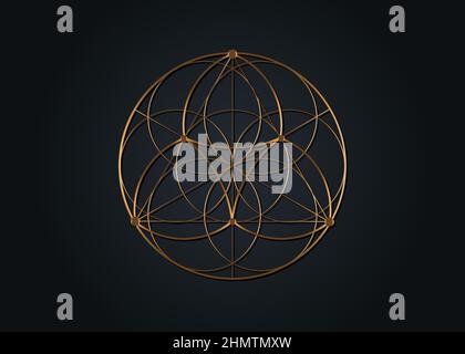Seme fiore della vita icona di loto, yantra mandala geometria sacra, simbolo d'oro di armonia ed equilibrio. Talismano mistica, vettore di linee d'oro isolato Illustrazione Vettoriale