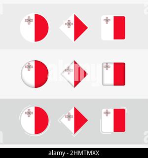 Set di icone di bandiera di Malta, bandiera vettoriale di Malta. Tre versioni di icona. Illustrazione Vettoriale