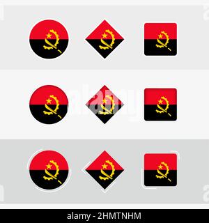 Set di icone di allarme Angola, flag vettoriale dell'Angola. Tre versioni di icona. Illustrazione Vettoriale