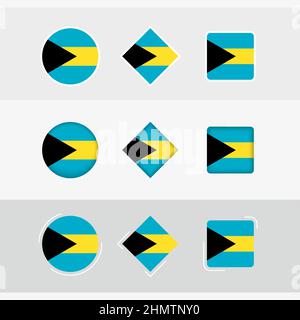 Le icone della bandiera delle Bahamas sono impostate, la bandiera vettoriale delle Bahamas. Tre versioni di icona. Illustrazione Vettoriale