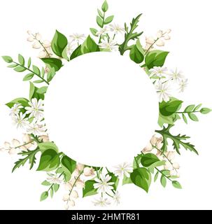Carta circolare con fiori bianchi e foglie verdi. Progettazione di biglietti di auguri o inviti. Illustrazione vettoriale Illustrazione Vettoriale
