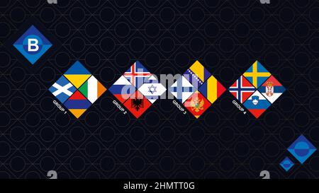 Bandiere della Lega B del concorso europeo di calcio. Bandiere nazionali ordinate per gruppo. Sfondo scuro del rombo. Illustrazione Vettoriale