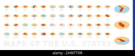 Set di cartine rotonde arancioni in stile isometrico, cartine degli stati Uniti. Mappe per web, infografica e altro ancora. Illustrazione Vettoriale
