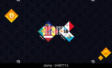 Bandiere della Lega D del concorso europeo di calcio. Bandiere nazionali ordinate per gruppo. Sfondo scuro del rombo. Illustrazione Vettoriale