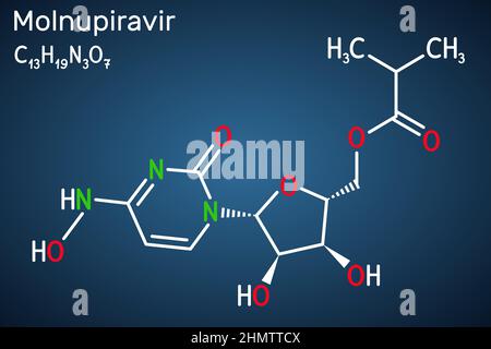 Molecola di Molnupiravir. È farmaco antivirale, agente anti coronavirale, profarmaco, usato per il trattamento del coronavirus COVID-19, SARS-COV-2. chimica strutturale Illustrazione Vettoriale