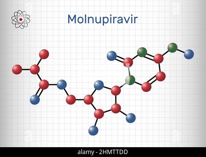 Molecola di Molnupiravir. È farmaco antivirale, agente anti coronavirale, profarmaco, usato per il trattamento del coronavirus COVID-19, SARS-COV-2. Modello di molecola. SH Illustrazione Vettoriale