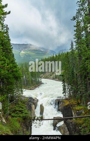 Sunwapta superiore scende, Athabasca River nel Parco Nazionale di Jasper, Canada. Foto Stock