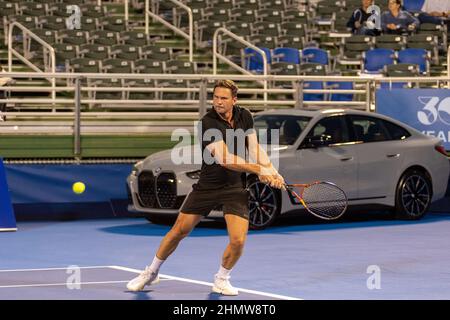 Delray Beach, Stati Uniti. 11th Feb 2022. Jan-Michael Gamble (USA) visto in azione durante ATP Champions, Legends Tour al Delray Beach Open 2022 in Florida. Punteggio finale; Tommy Haas 1:0 Jan-Michael Gambill. Credit: SOPA Images Limited/Alamy Live News Foto Stock