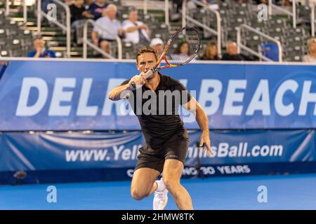 Delray Beach, Stati Uniti. 11th Feb 2022. Jan-Michael Gamble (USA) visto in azione durante ATP Champions, Legends Tour al Delray Beach Open 2022 in Florida. Punteggio finale; Tommy Haas 1:0 Jan-Michael Gambill. Credit: SOPA Images Limited/Alamy Live News Foto Stock