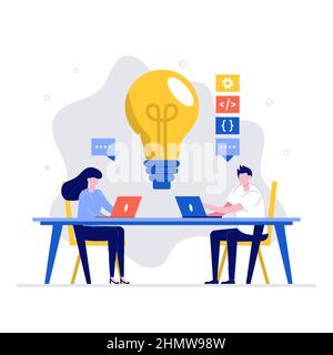 DevOps, concetto di illustrazione vettoriale delle operazioni di sviluppo al lavoro con caratteri. Stile moderno e piatto per landing page, app mobile, poster, volantino, Web Illustrazione Vettoriale