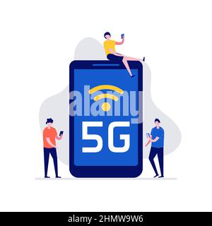 5G concetto di tecnologia con personaggi. Moderna illustrazione vettoriale in stile piatto per landing page, app mobile, poster, volantino, modello, banner web, inf Illustrazione Vettoriale