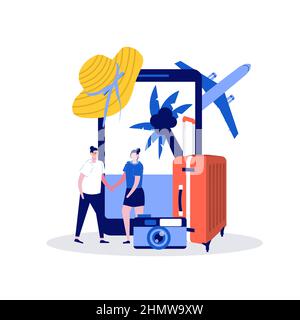 Concetto di tempo di viaggio con personaggi. Moderna illustrazione vettoriale in stile piatto per landing page, app mobile, poster, volantino, modello, banner web, infog Illustrazione Vettoriale