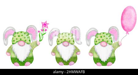 Acquerello disegno a mano illsutation di gnomi di Pasqua in carino kawaii rosa e verde vestiti. Grnomes nordici scandinavi con fiori palloncini coniglietto orecchie. Disegno per gli inviti di festa di pasqua le schede divertenti Foto Stock