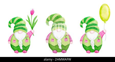 Acquerello disegno a mano illsutation di gnomi di Pasqua in carino kawaii rosa e verde vestiti. Grnomes nordici scandinavi con fiori palloncini coniglietto orecchie. Disegno per gli inviti di festa di pasqua le schede divertenti Foto Stock