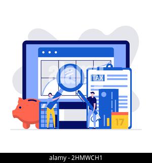 Concetto di contabilità e gestione finanziaria con carattere e documenti per il calcolo delle imposte. Moderna illustrazione vettoriale in stile piatto per zampa di atterraggio Illustrazione Vettoriale