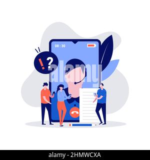 Domande frequenti concetto di illustrazione vettoriale con personaggio che parla con l'assistenza clienti. Moderna illustrazione vettoriale in stile piatto per terra Illustrazione Vettoriale