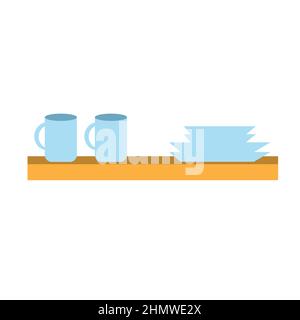 Ripiano da cucina con stoviglie. Ripiani da cucina con utensili da cucina. Icona Home interno. Illustrazione vettoriale in stile piatto su sfondo bianco Illustrazione Vettoriale