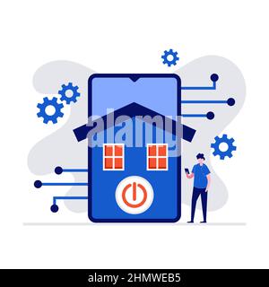 Concetto di smartphone controllato dalla casa intelligente. Tecnologia Internet delle cose del sistema di automazione domestica. Moderna illustrazione vettoriale in stile piatto per landi Illustrazione Vettoriale