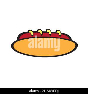 Illustrazione vettoriale hot dog con senape in stile cartoon piatto. Fast food americano. Illustrazione semplice per un menu di fast food di design. Icona isolata Illustrazione Vettoriale