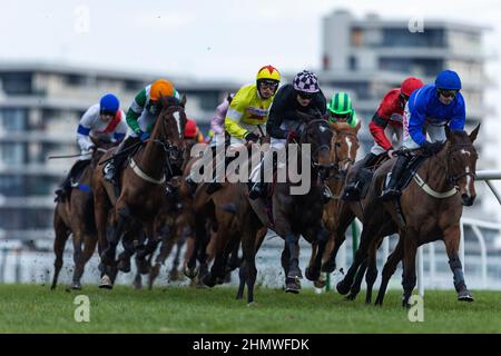 Top Dog guidato dal jockey Tom Bellamy (al centro) durante le migliori quote sul Betfair Exchange durante il Super Saturday Betfair all'ippodromo di Newbury. Data foto: Sabato 12 febbraio 2022. Foto Stock