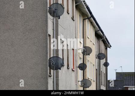 parabola satellite in gruppo sul muro della casa del consiglio Foto Stock