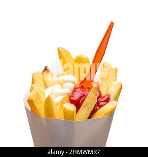 Sacchetto di patatine fritte con maionese e ketchup Foto Stock