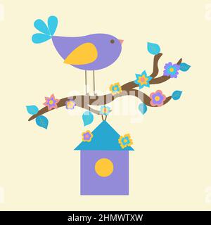 Un uccello viola carino siede su un ramo di albero coperto di fiori sopra un birdhouse. È arrivata la primavera. Progettare una cartolina o un invito. Vettore piatto Illustrazione Vettoriale