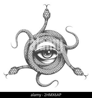 Tatuaggio di tutti i vedere occhio dentro Snake Knot. Simbolo Masonic disegnato a mano su sfondo bianco. Illustrazione vettoriale. Illustrazione Vettoriale
