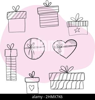 Black outline doodle scatole regalo set su sfondo rosa bolla. Illustrazione Vettoriale