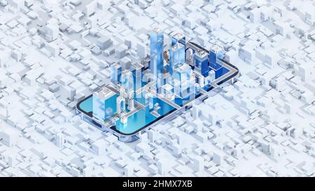 Smartphone con tecnologia città intelligente basso poly mega città background, urbano e futuristica tecnologia concetti. 3D rendering. Foto Stock