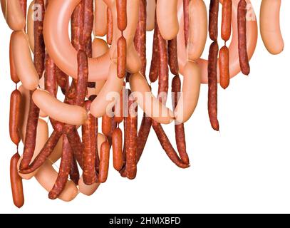 Composizione di salumi appesi di diverse varietà, salsicce, salumi secchi, salumi da caccia Foto Stock