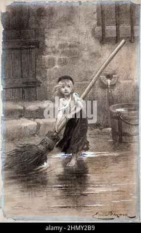 Un'illustrazione della giovane Cosetta spazzata da Les Miserables di Victor Hugo. Illustrazione di Émile Bayard. Foto Stock